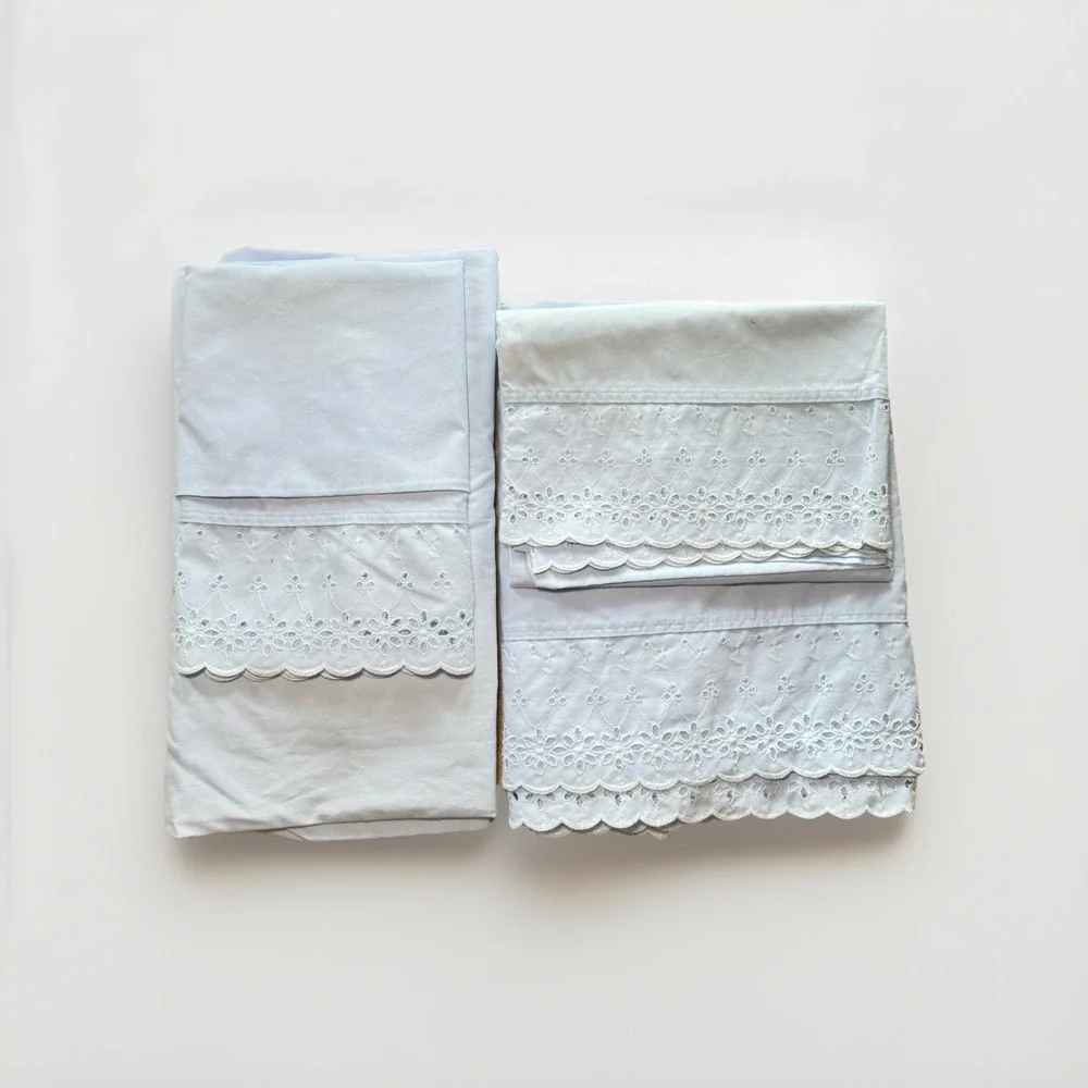 VTG Dan River‎ Twin Sheet Set – 1 Flat, 1 Fitted, 2 Cases Blue Eyelet Lace USA
